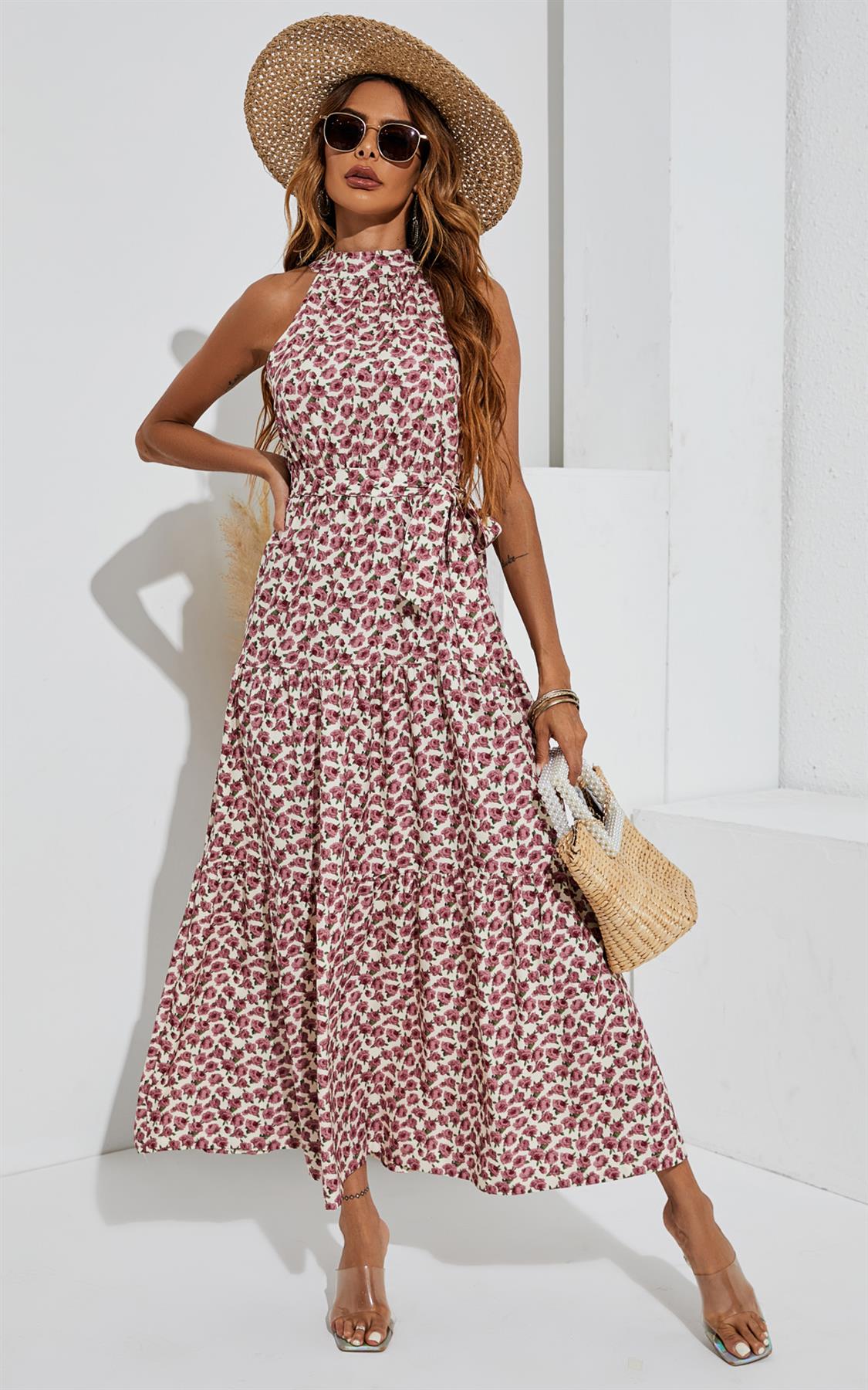 Rose Garden Halter Neck Maxi Layer Dress In Pink Flora Print