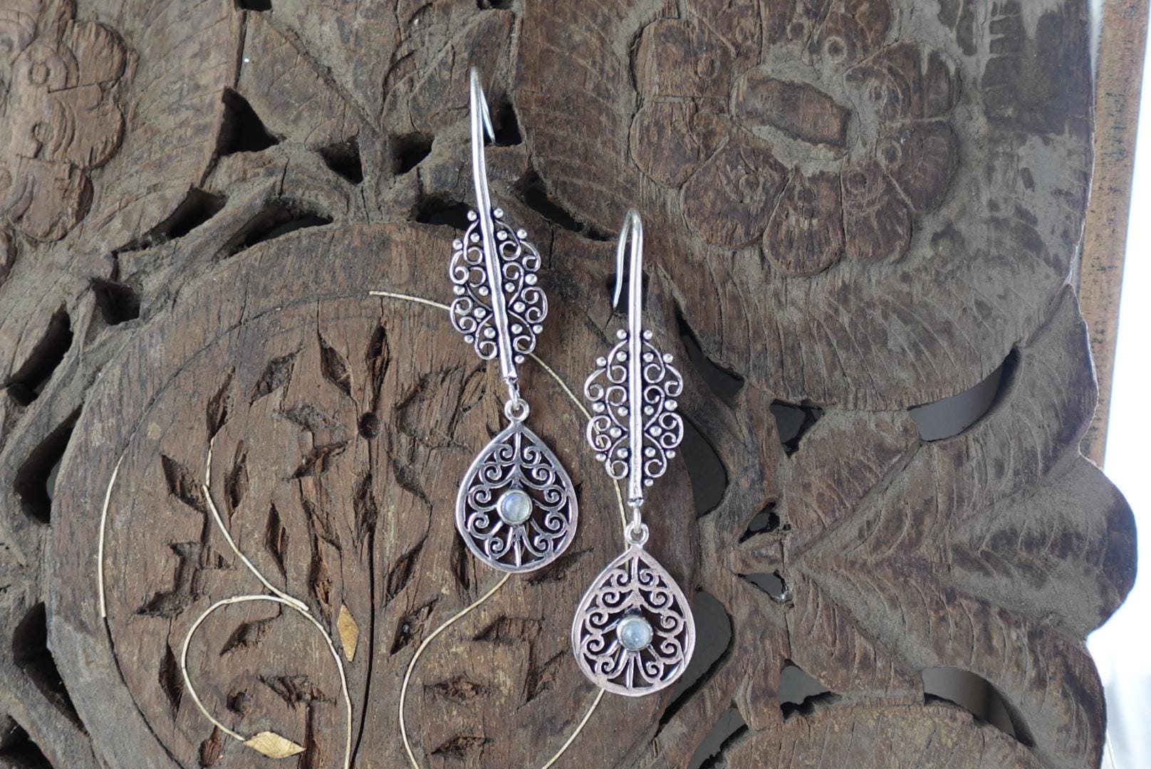 Temple Bloom Filigree Drops- Mandala-Inspired Brass Earrings with Spiral & Gem Detailing.