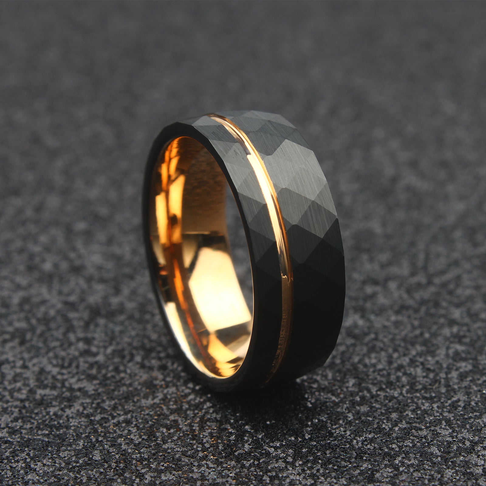 The Scorpius - 8mm Hammered Brushed Black Tungsten & Rose Gold Ring