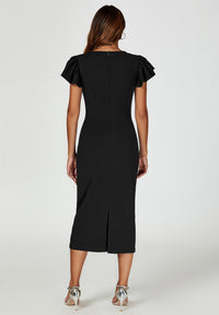 Volume Sleeve Bodycon Midi Dress In Black