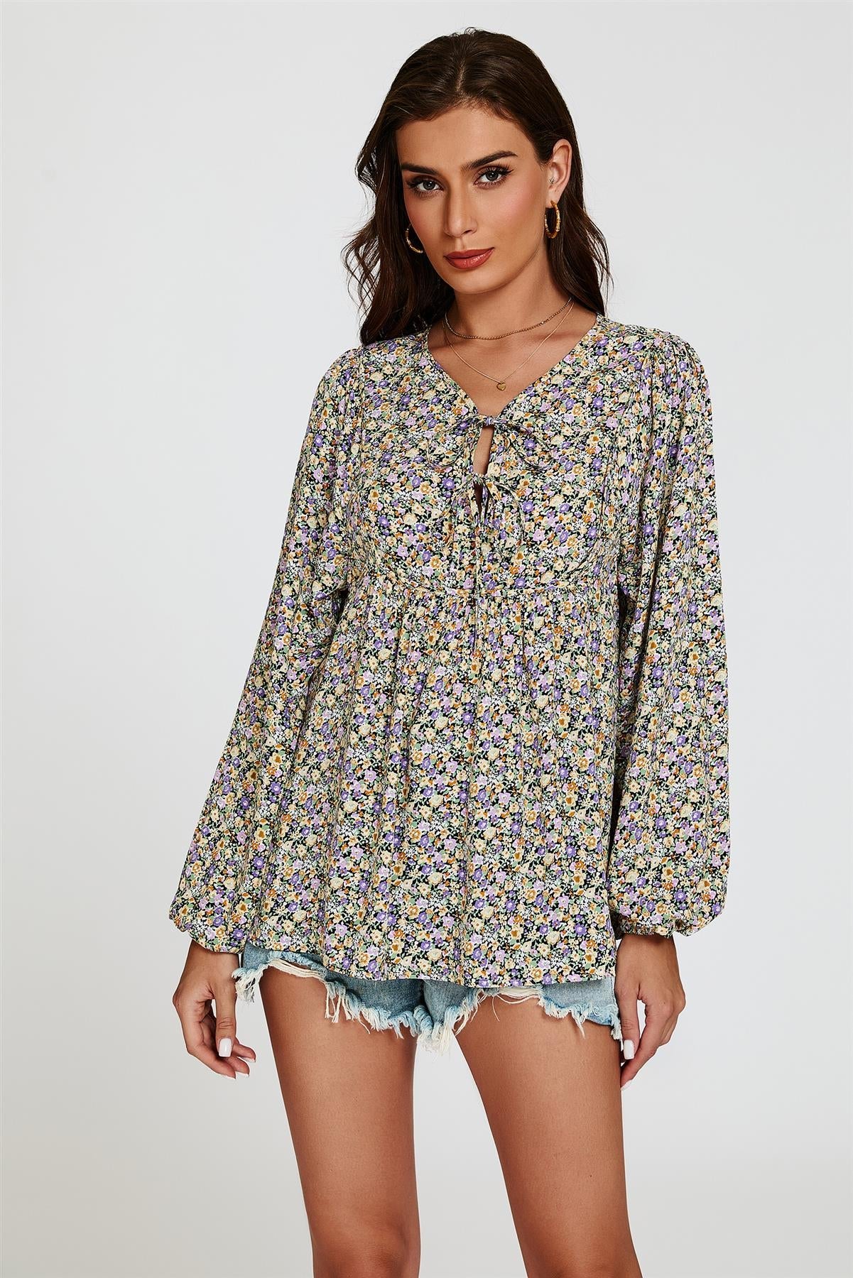 Floral Print long sleeve Blouse Top In Purple
