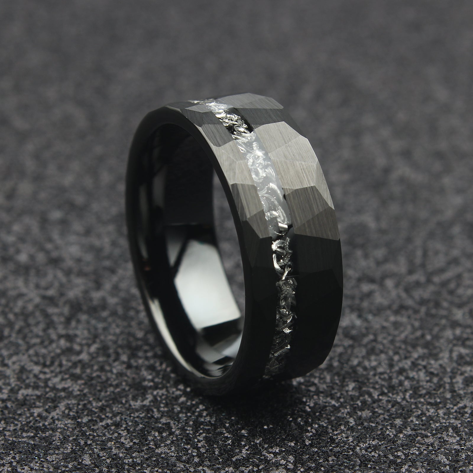 The Altair - 8mm Black Brushed Tungsten & Meteorite Inlay Ring
