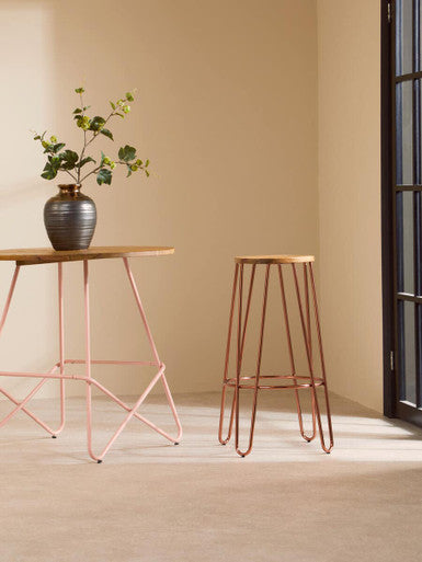 District Rose Gold Finish Wooden Top Bar Stool With Metal Legs