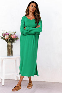 Oversized Midaxi Long Sleeve Slit Jersey Dress In Green