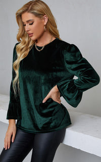 Elegant Velvet Top With Frill Detail Cuff In Dark Green