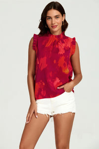Abstract Print Frill Trim Sleeve Frill Neck Blouse Top In Red