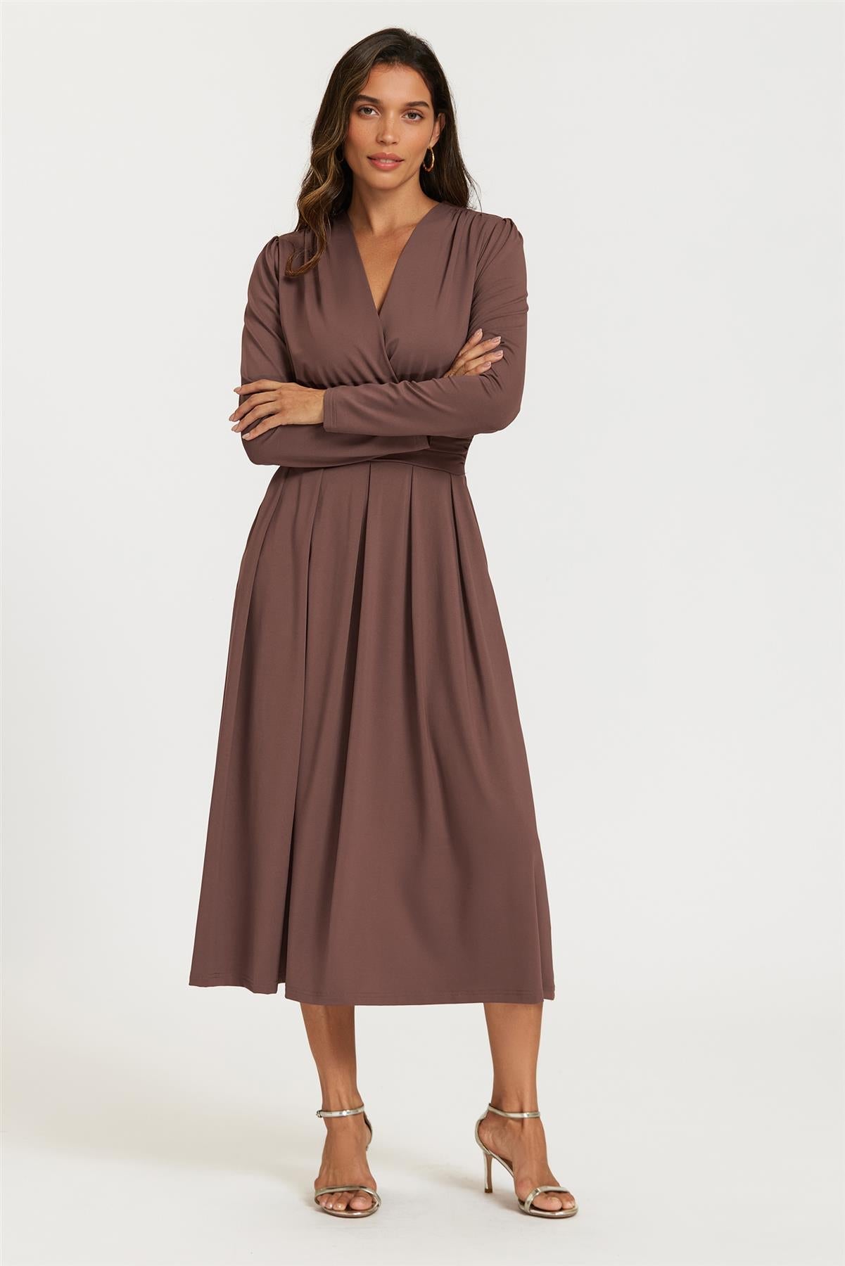 Jersey Long Sleeve Midi Dress In Brown