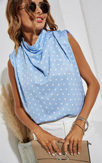 High Neck Sleeveless Blouse In Blue & White Polka Dot