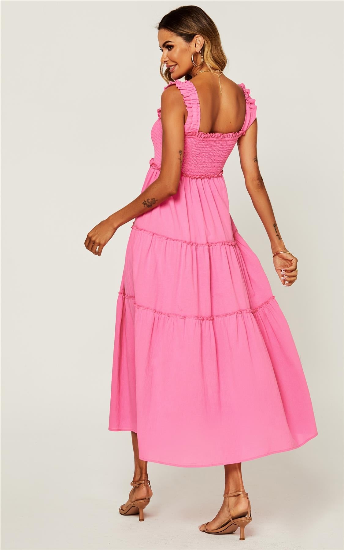 Hem Detail Tiered Maxi Dress In Fuchsia Pink