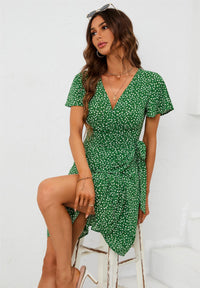 Floral Print Mini Wrap Dress In Green