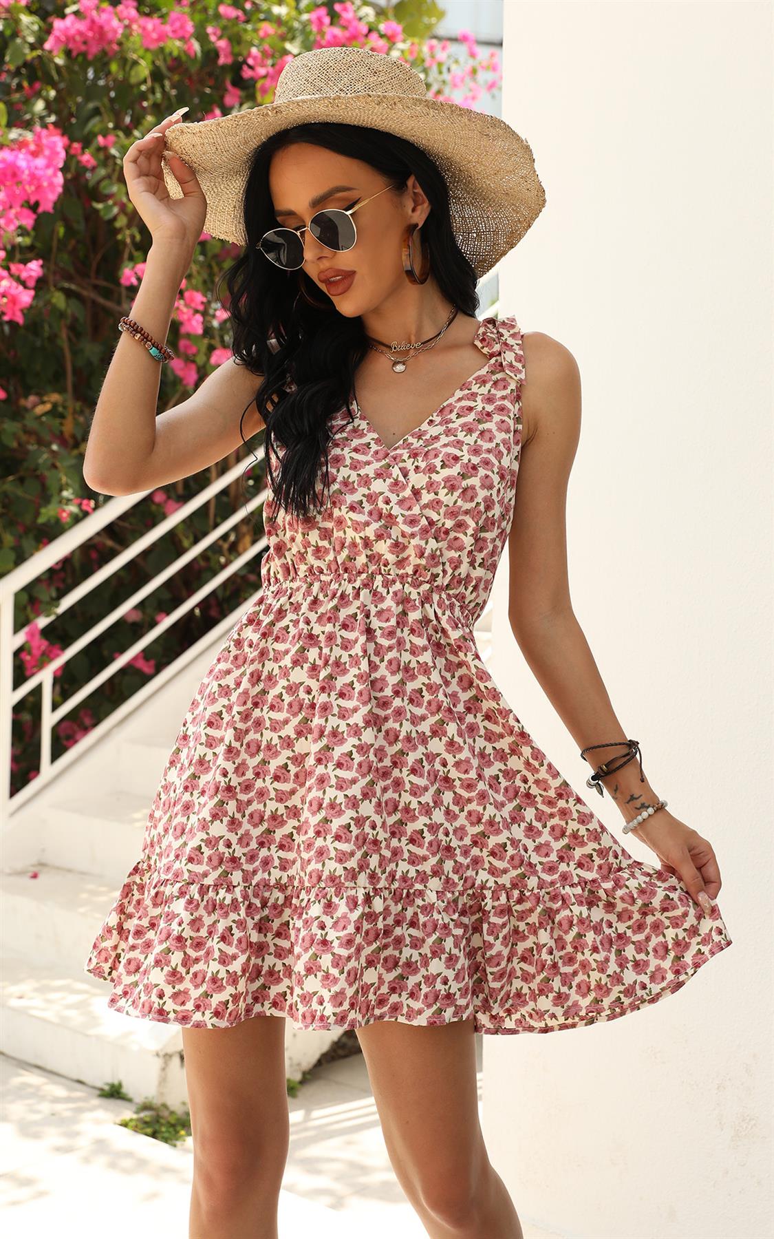 Pretty Rose Floral Print Strappy Bardot Mini Dress In Pink