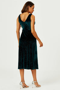 Silver Sparkly Velvet Knot Front Midi Dress In Green