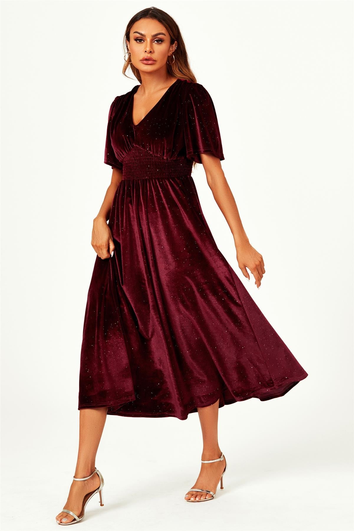 V Neck Velvet Midi Dress In Wine