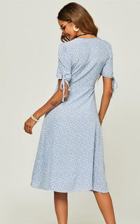 Side Zip Button Detail Floral Print Midi Wrap Dress In Blue