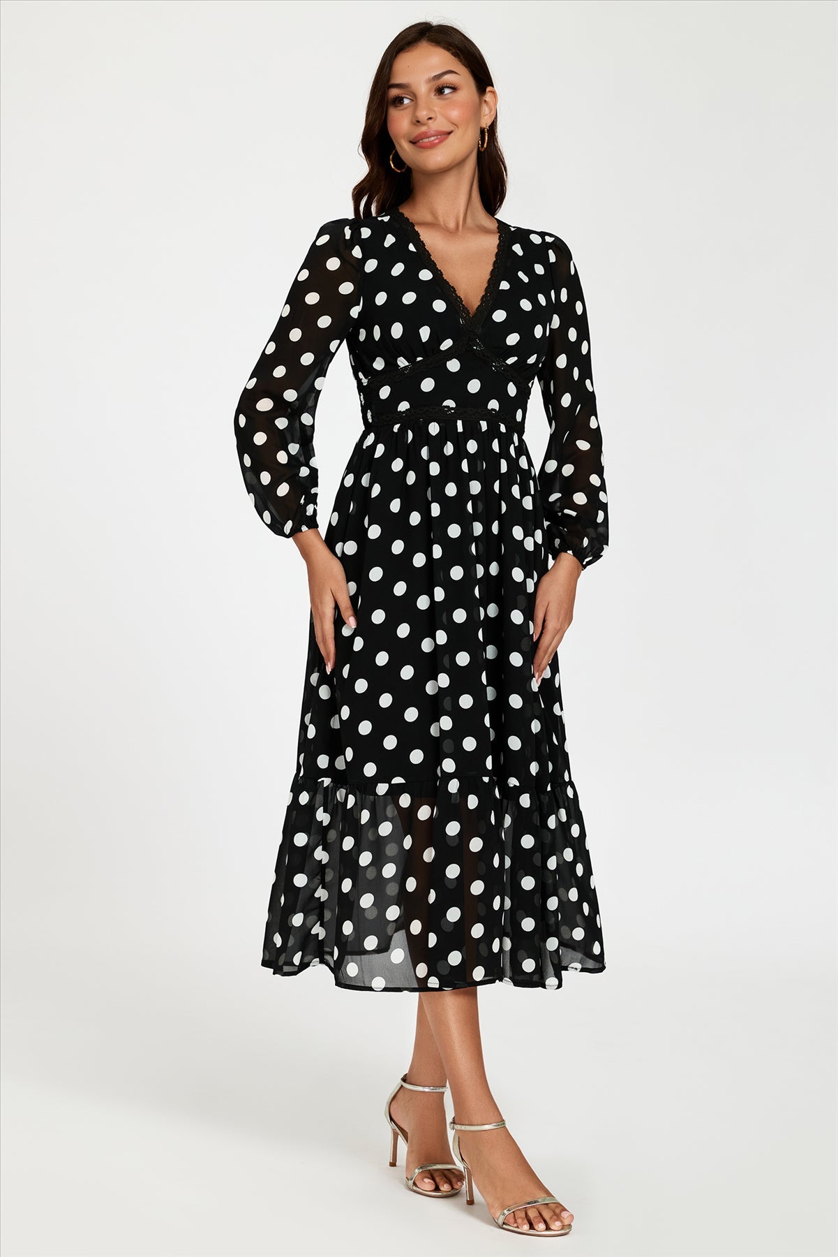 Dot Print Lace Trim Long Sleeve Maxi Dress In Black