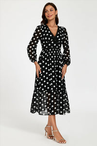 Dot Print Lace Trim Long Sleeve Maxi Dress In Black