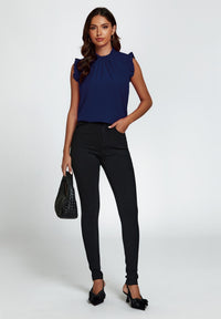 Frill Trim Sleeve Frill Neck Blouse Top In Navy