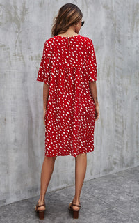 White Dot Short Sleeve Smock Dress In Red