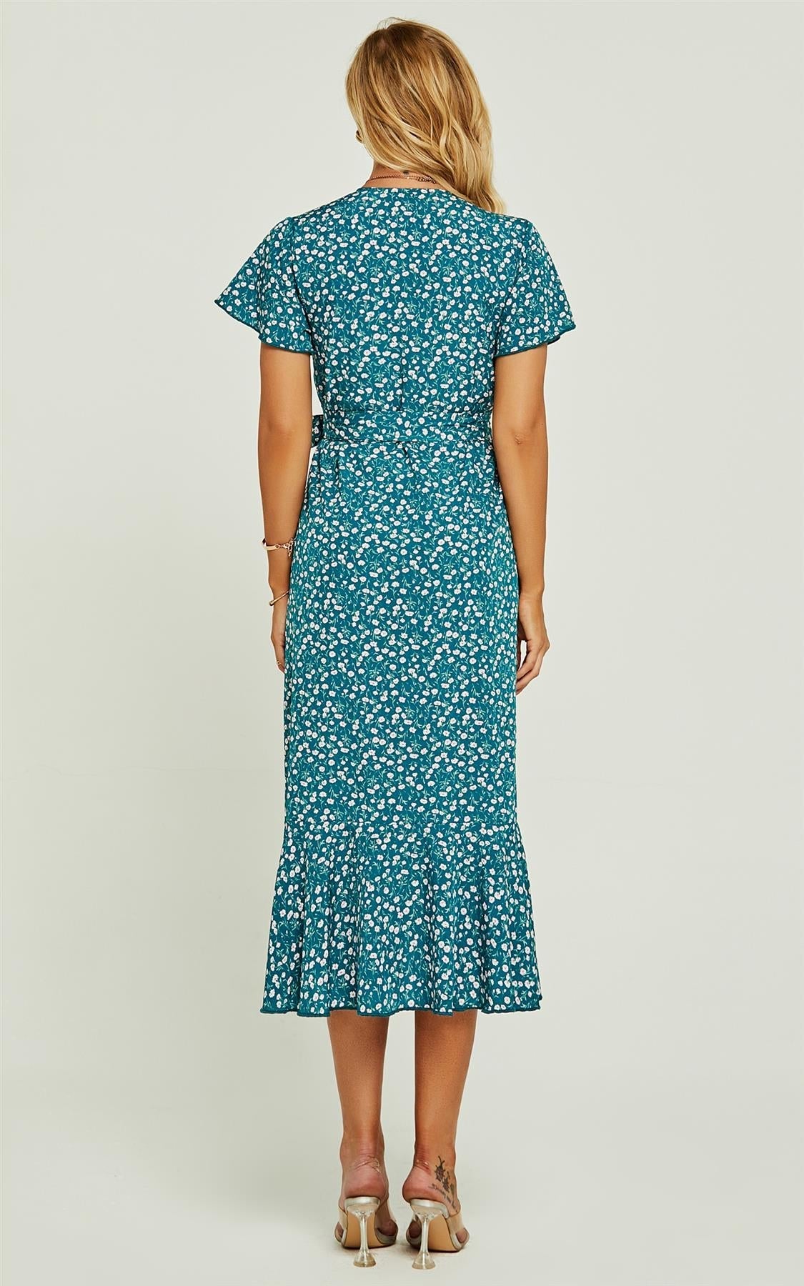Angel Sleeve Wrap Midi Dress In Green Floral Print