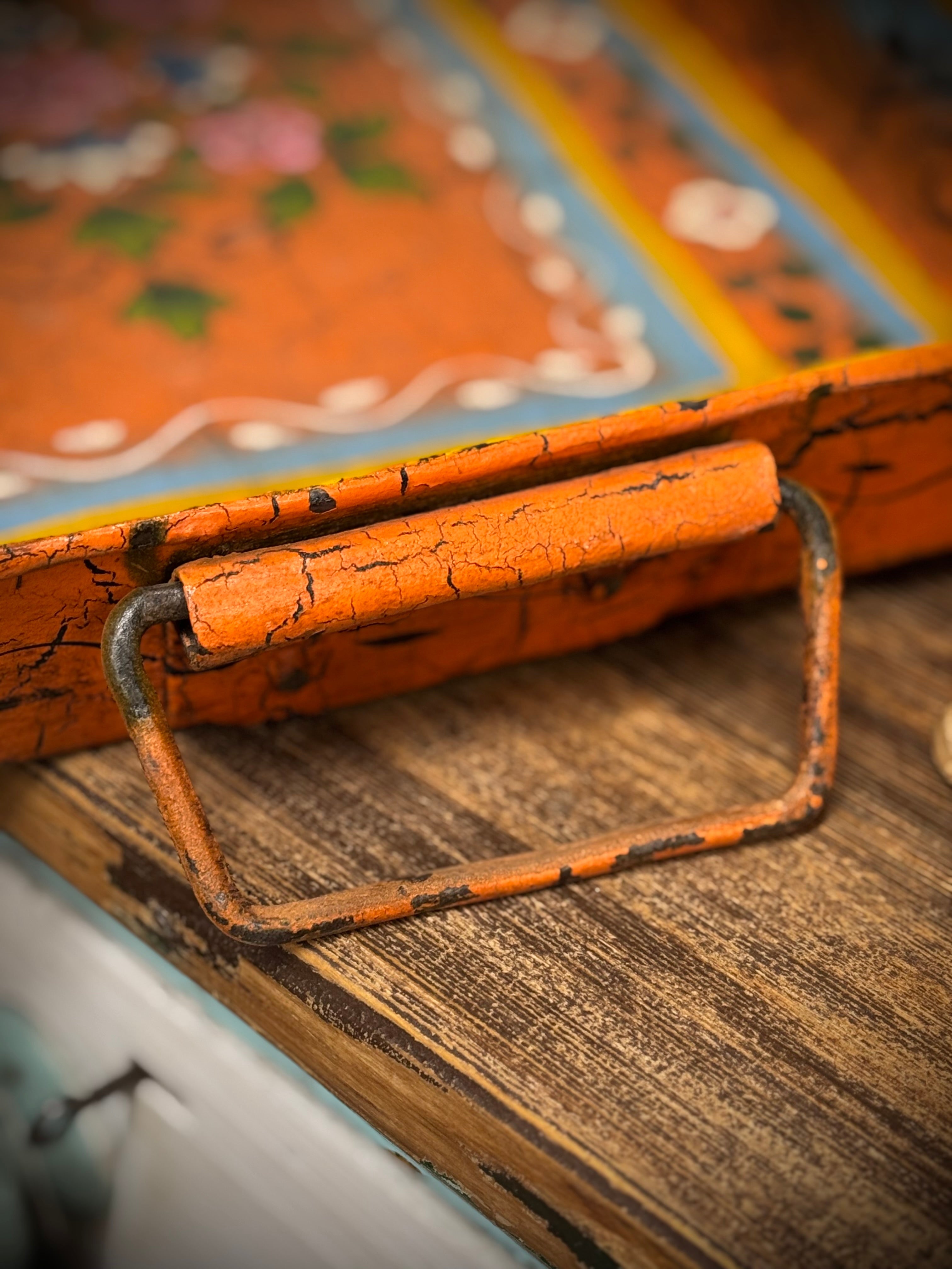 Rustic Vintage Metal Hand Painted Tray / Bread Antipasti Board / Decorative Storage / Serving Lap Tray / Narrow Boat