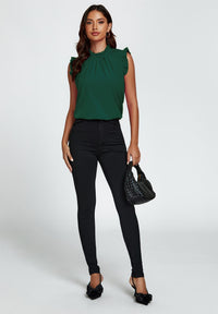 Frill Trim Sleeve Frill Neck Blouse Top In Dark Green