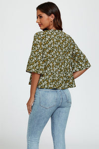 Floral Print Short Sleeves Crop Top In Olive