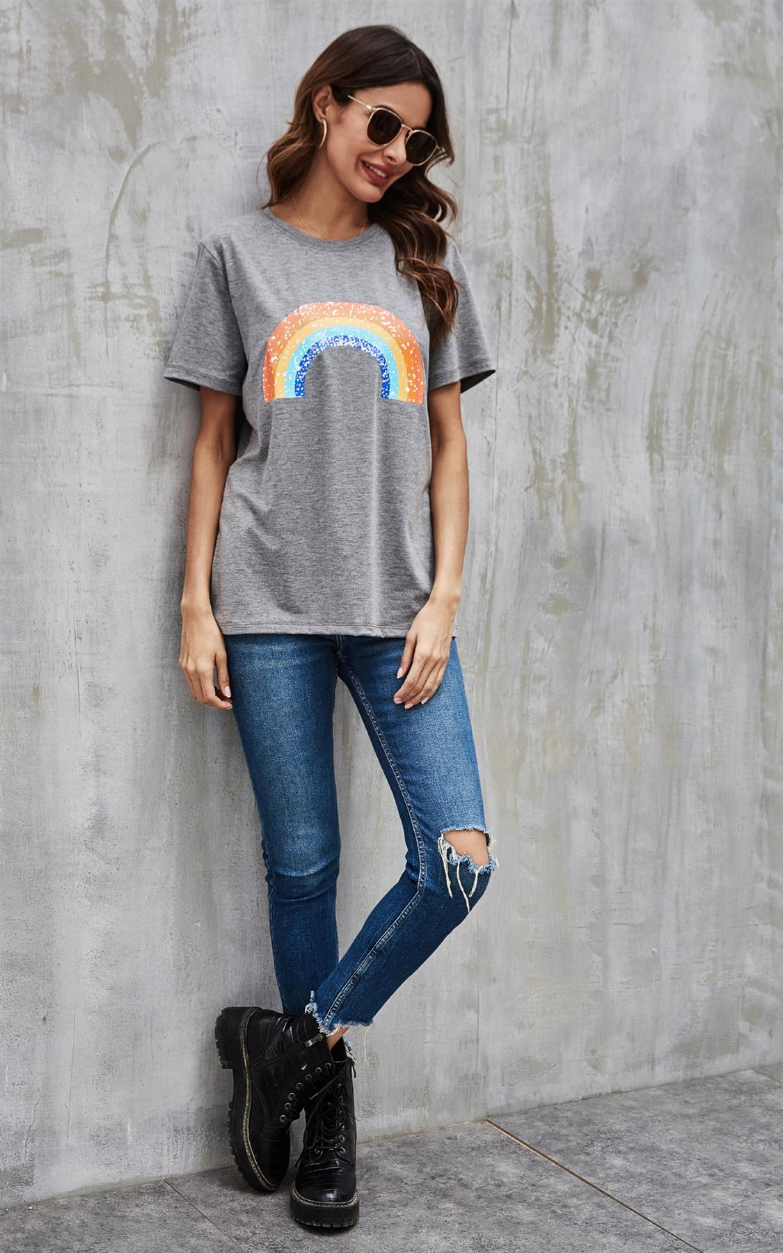 Rainbow Print T Shirt Top In Grey