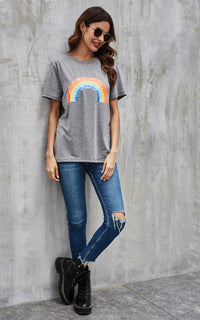 Rainbow Print T Shirt Top In Grey