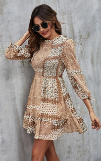 Elasticated detail Mini Dress In Beige Paisley Print