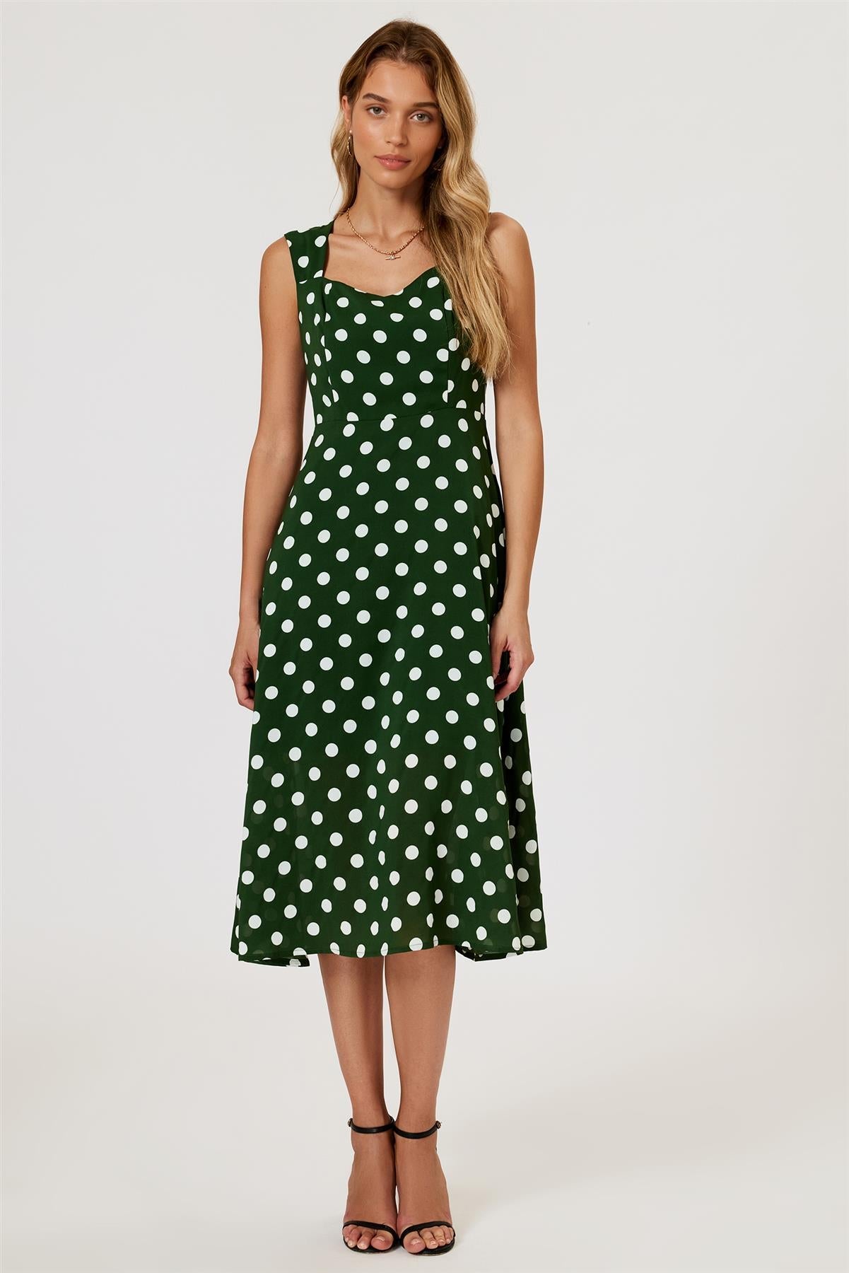 Polka Dot Print Heart Neck Midi Green