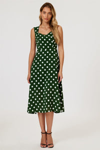 Polka Dot Print Heart Neck Midi Green