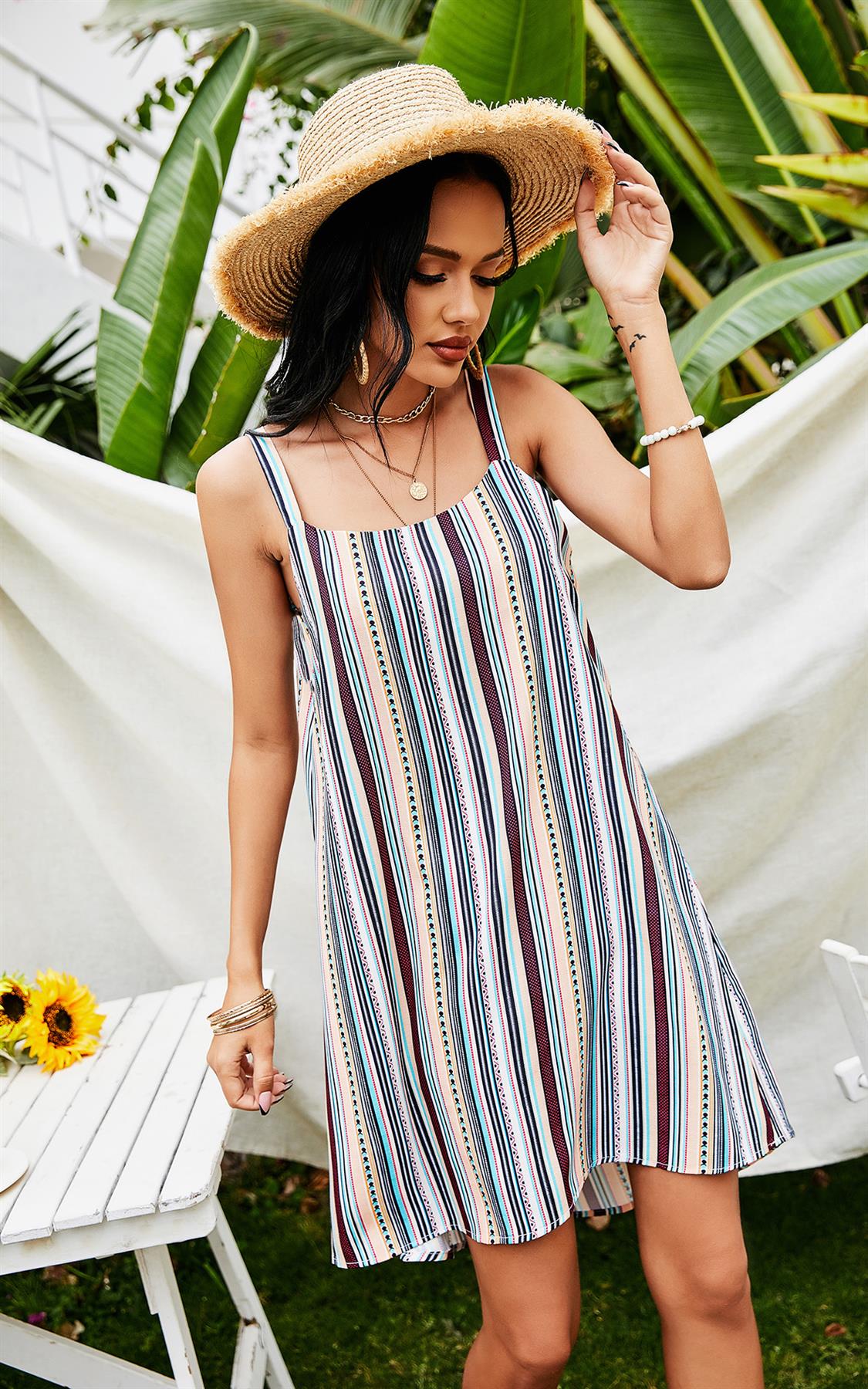 Striped Print Strappy Dress In White & Beige & Mint & Black & Red