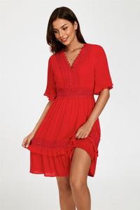 V Neck Lace Mini Dress In Red