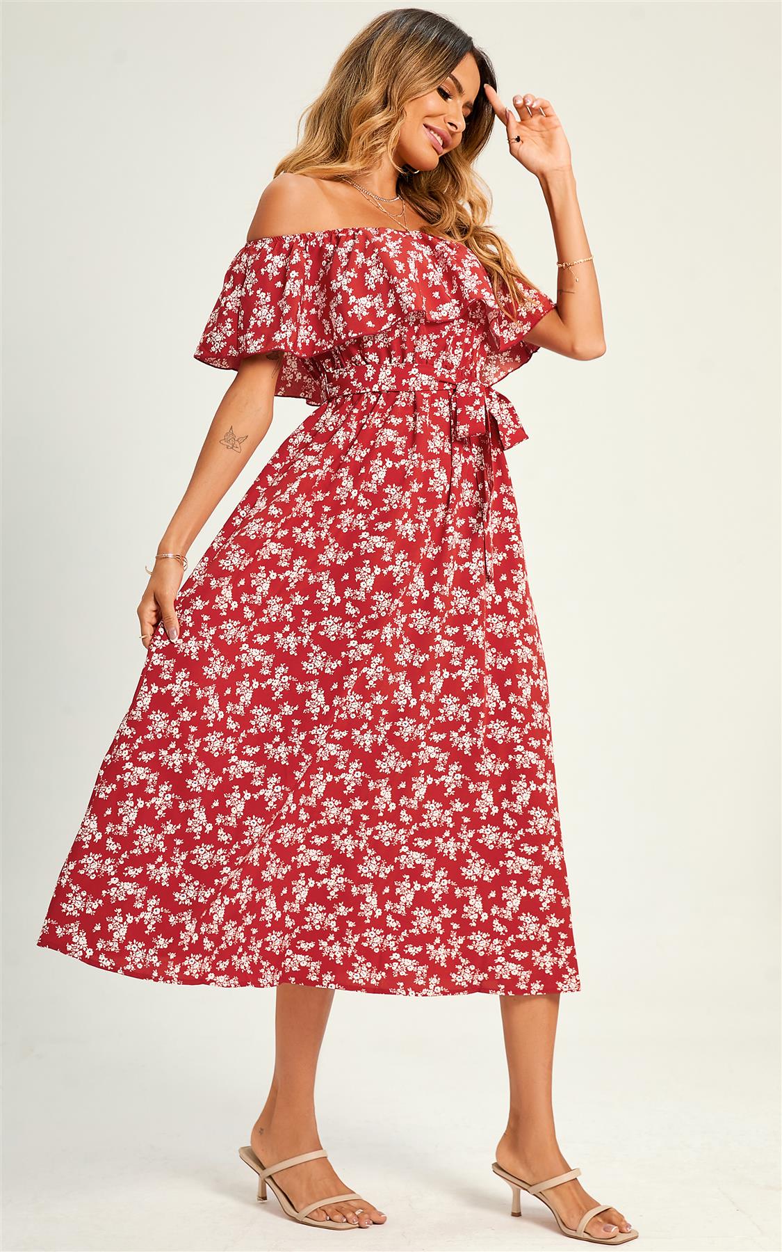 Little Flora Print Bardot Frill Midi Dress In Red