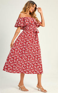 Little Flora Print Bardot Frill Midi Dress In Red