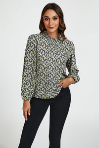 Multi Floral Print Frill Detail High Neck Top In Yellow
