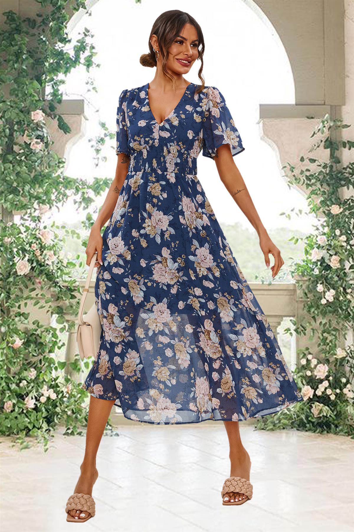 Floral Print Angel Sleeve Maxi Dress In Blue