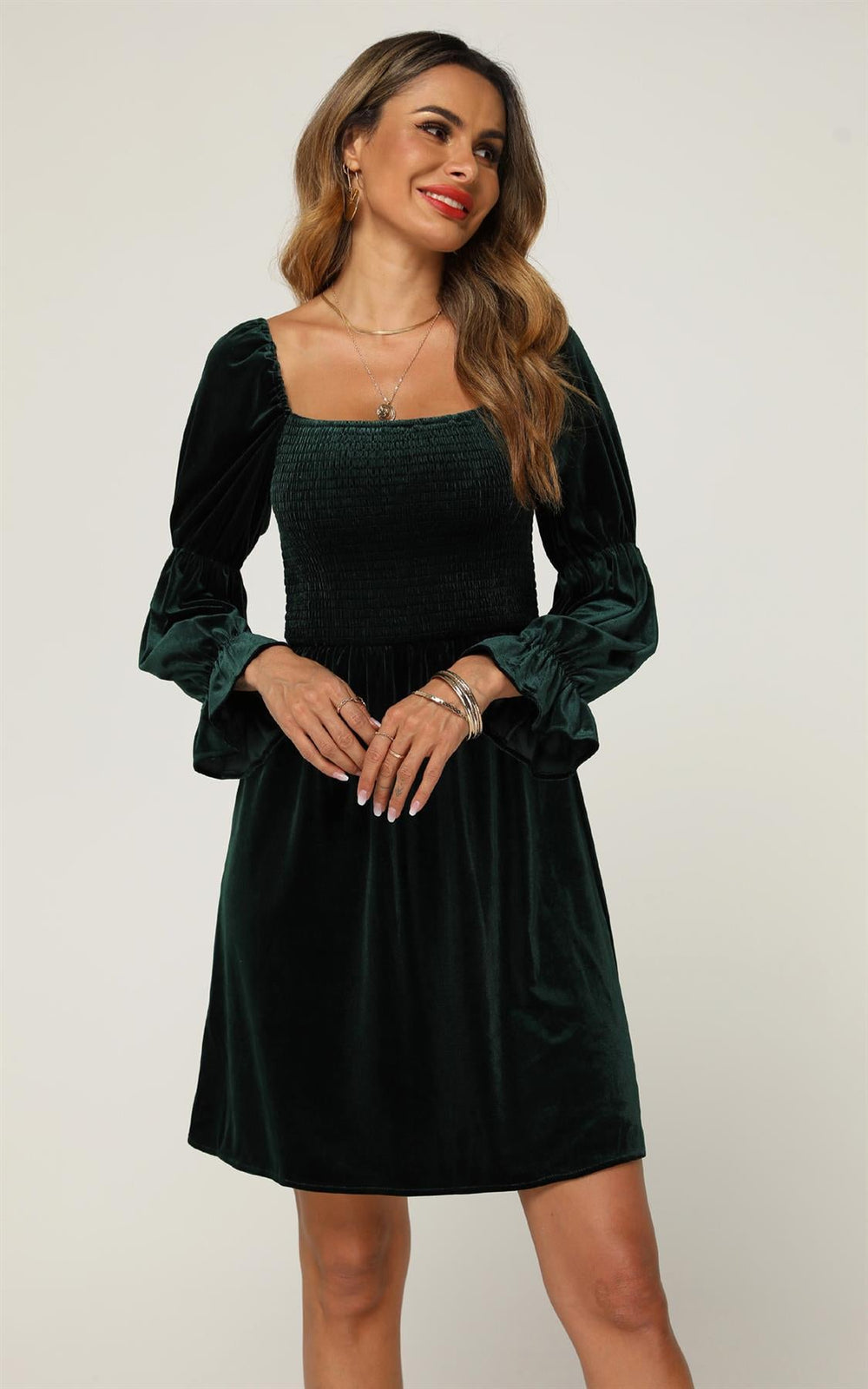 Velvet Square Neck Puff Sleeve Mini Dress In Forest Green