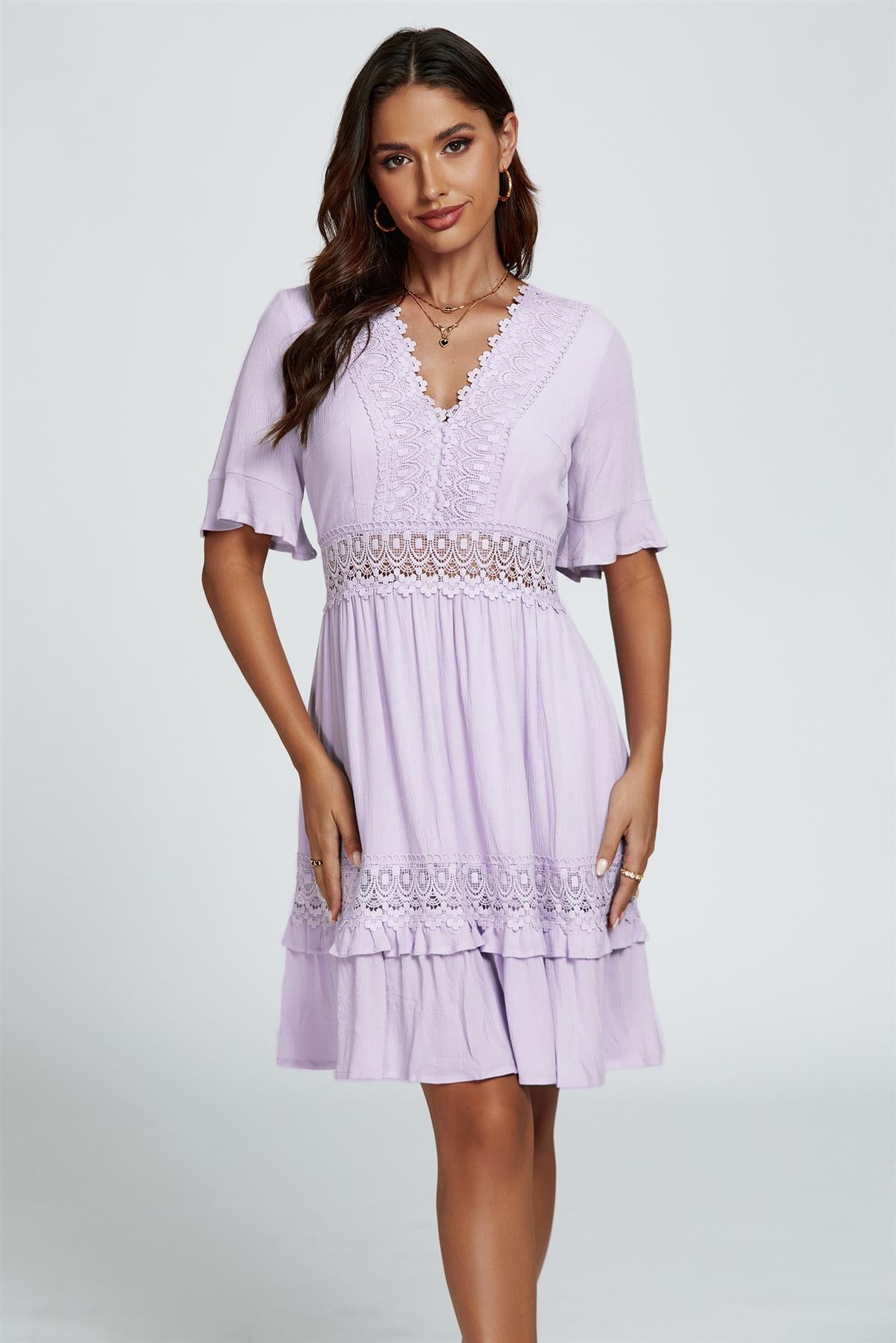 V Neck Lace Mini Dress In Purple