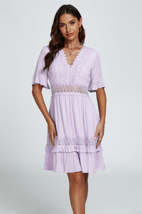 V Neck Lace Mini Dress In Purple