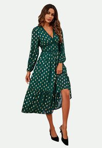 Lace Trim Foil Long Sleeve Maxi Dress In Green