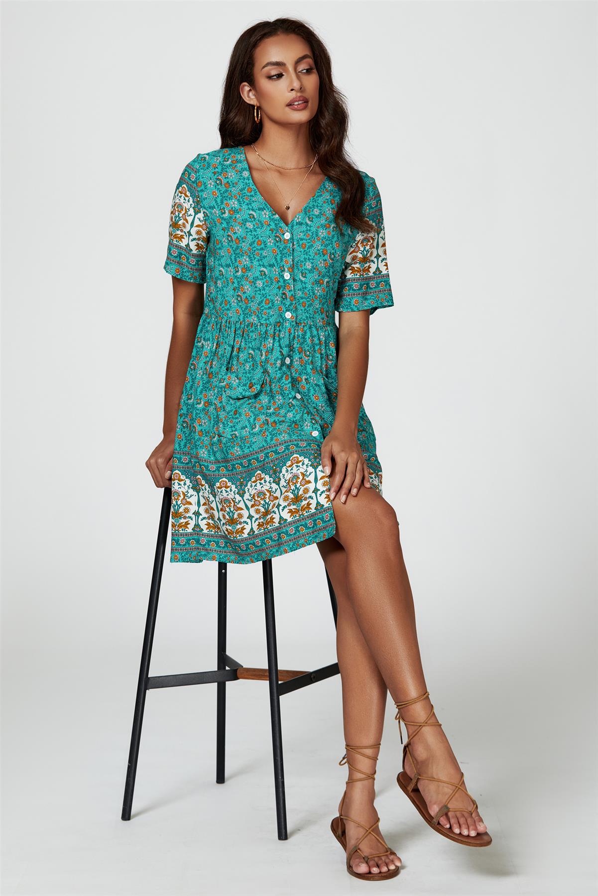 Print Boho Mini Dress In Green