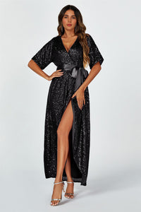 Wrap Style Sequin Maxi Dress In Black