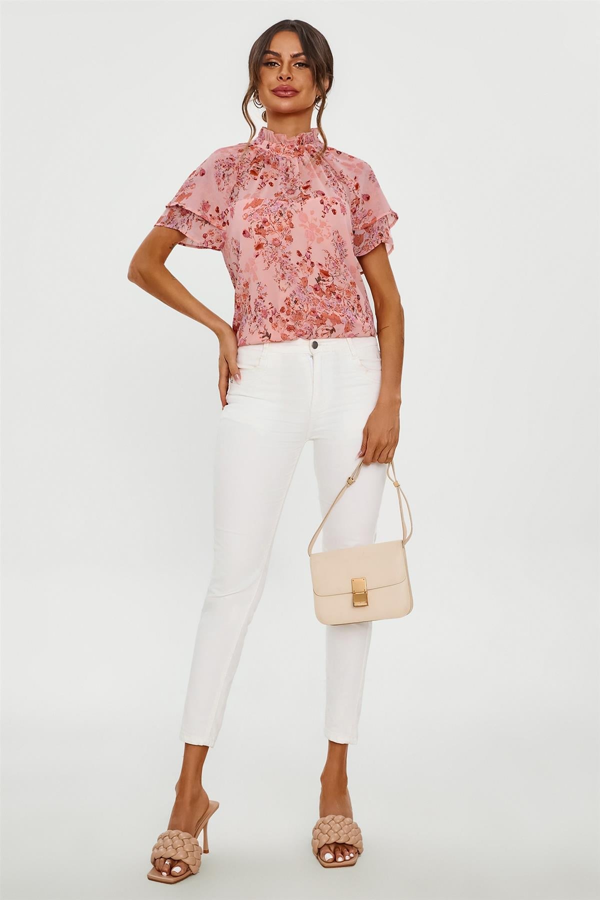 Floral Print Frill Hem Sleeve High Neck Blouse Top In Pink
