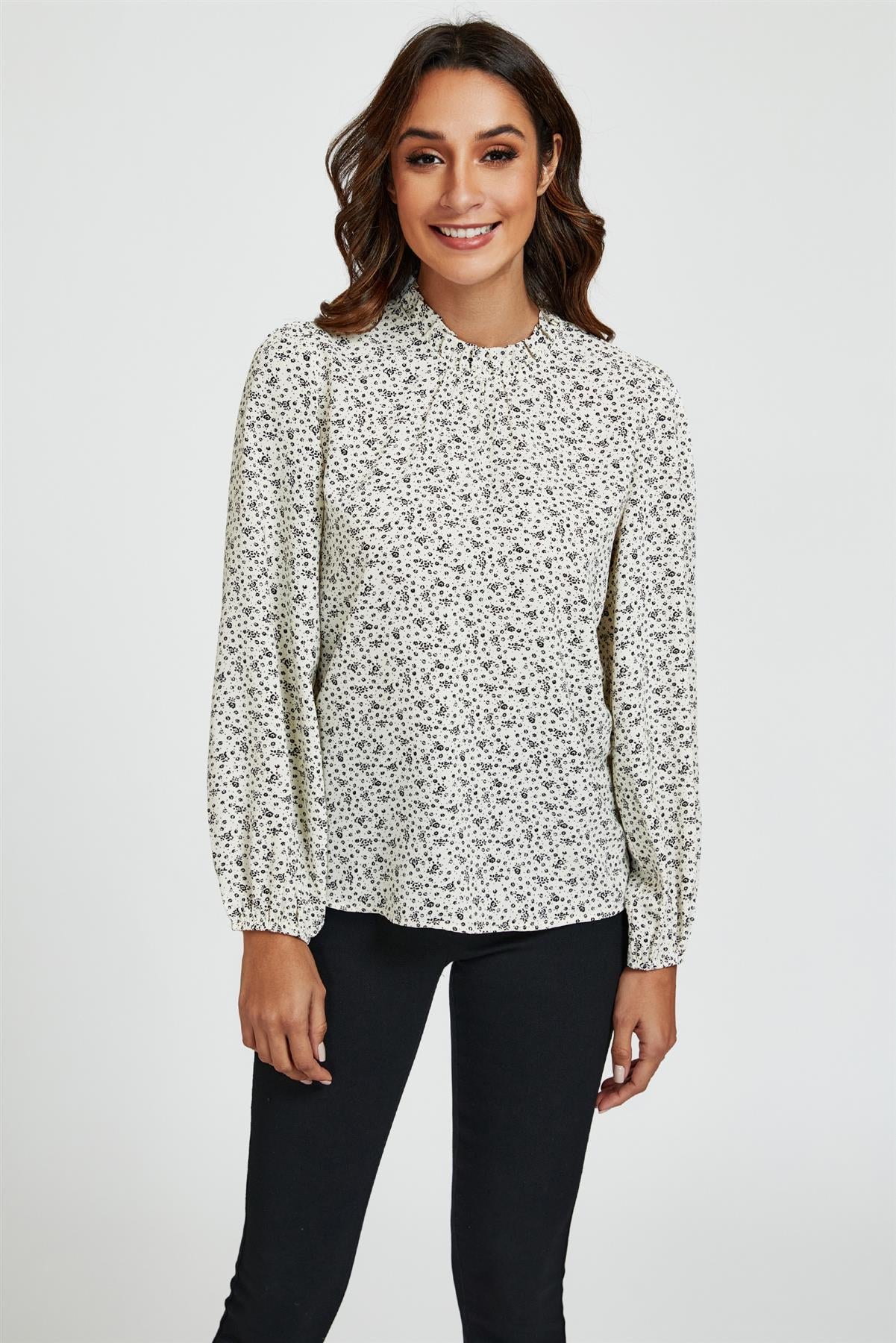 Little Floral Print Frill Detail High Neck Top In White