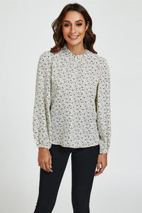 Little Floral Print Frill Detail High Neck Top In White
