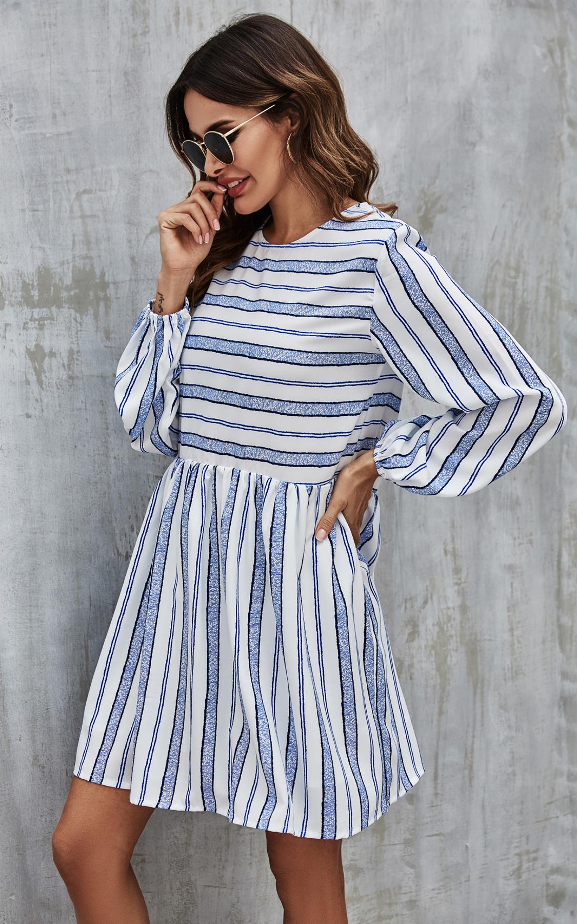 Blue Stripe Print Long Sleeve Smock Dress In White