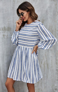 Blue Stripe Print Long Sleeve Smock Dress In White