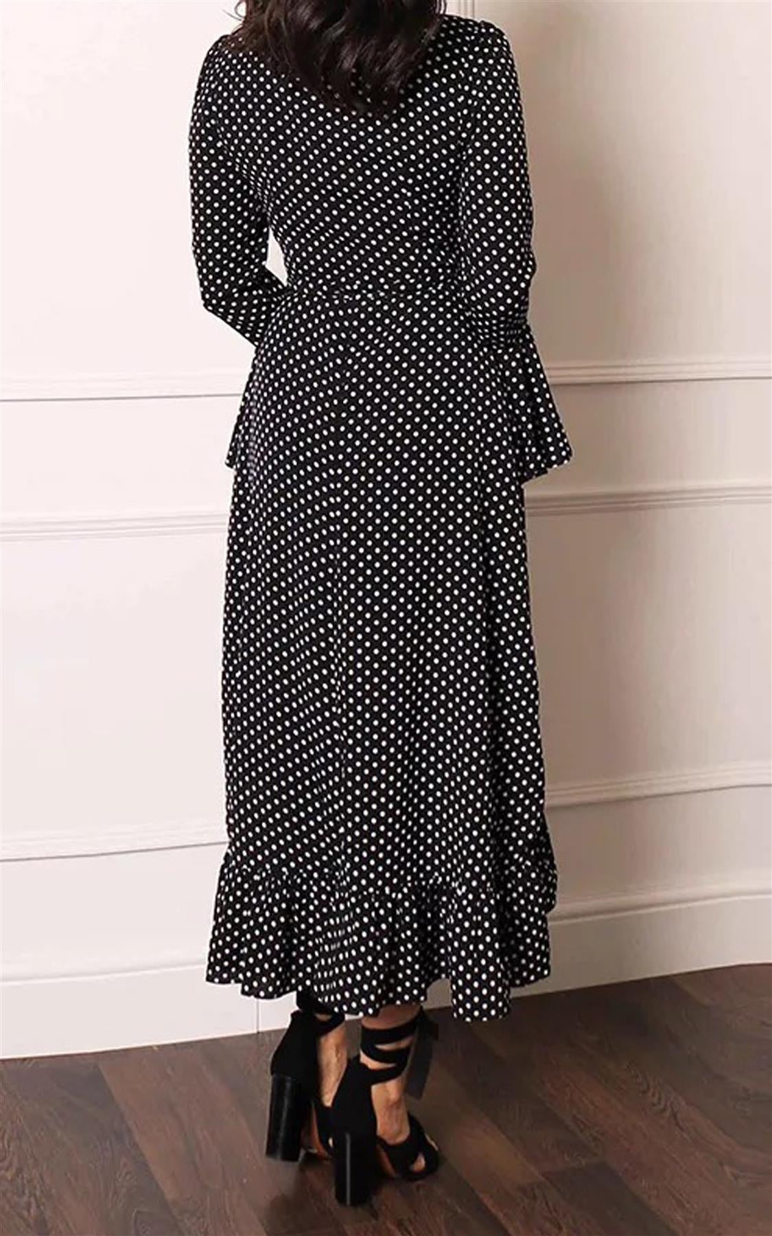 Wrap Dress With Frill Sleeve In Black & White Polka Dot