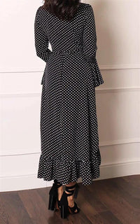Wrap Dress With Frill Sleeve In Black & White Polka Dot